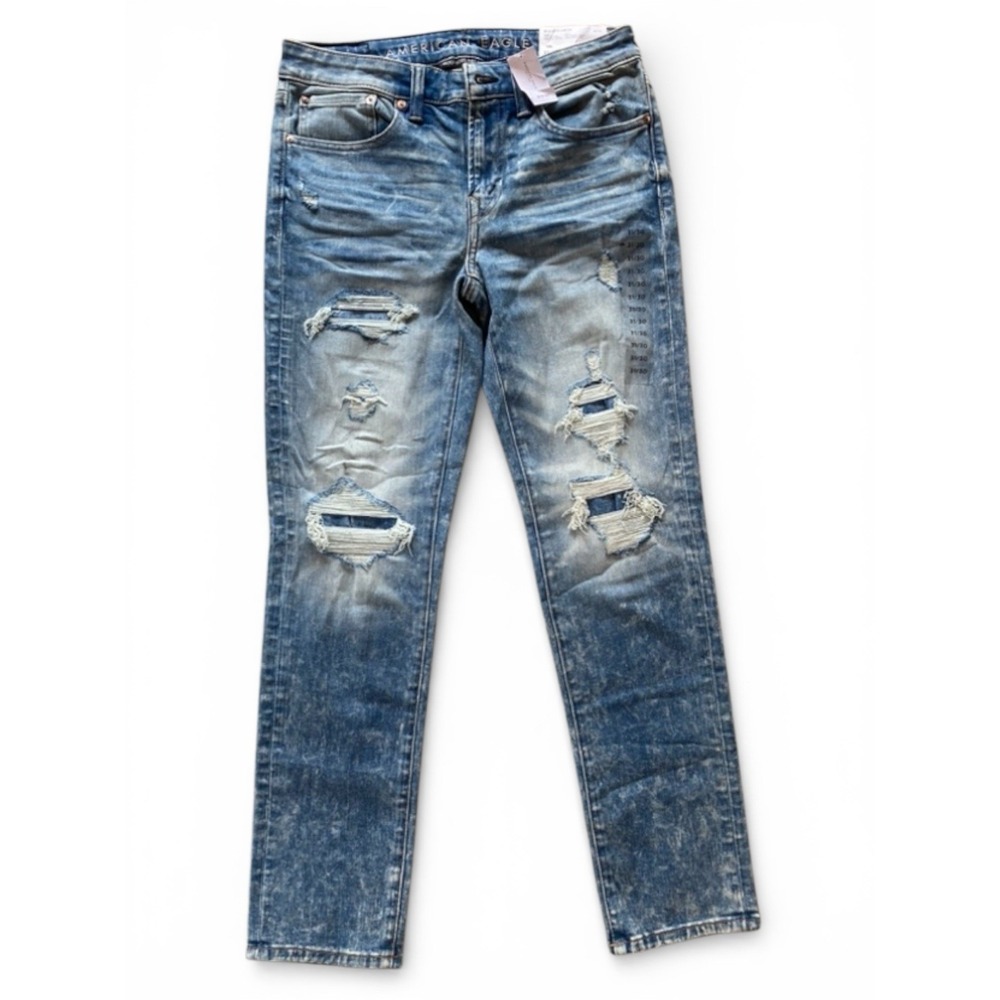 NWT American Eagle Flex Skinny Jeans Men's 31x30 Distressed Ripped Blue Denim